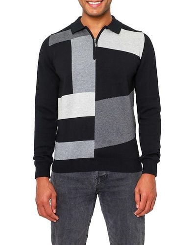 VELLAPAIS Colorblock Quarter Zip Polo Sweater - Black