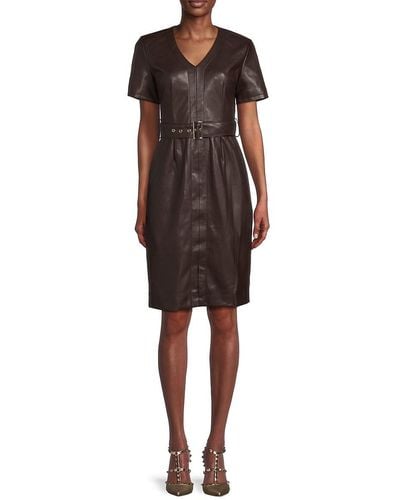 Tahari Faux Leather Belted Dress - Multicolour