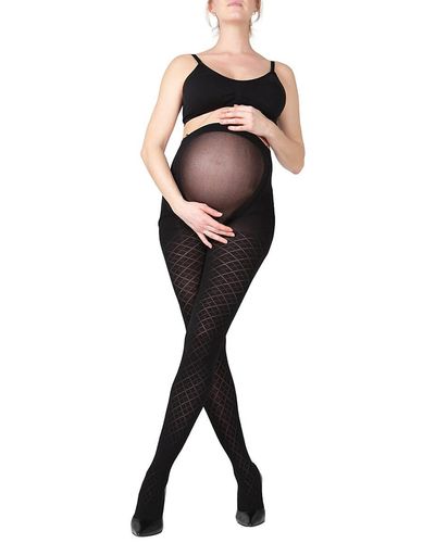 Memoi Argyle Maternity Tights - Black