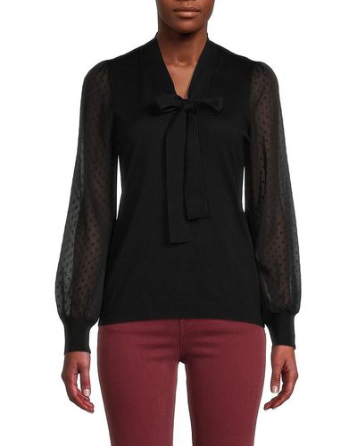 Adrianna Papell Swiss Dot Sleeve Tie Front Top - Black