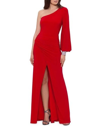 Betsy & Adam One Shoulder High Slit Gown - Red