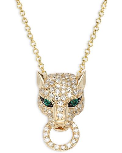 Effy 14k Yellow Gold, Diamond & Emerald Panther Pendant Necklace - White