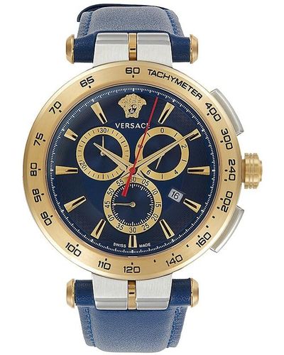 Versace Aion Chrono 45mm Two Tone Stainless Steel & Leather Strap Chronograph Watch - Blue