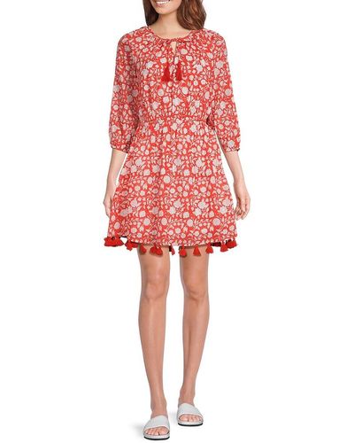MER ST BARTH 'Solange Floral Tassel Mini Coverup Dress - Red