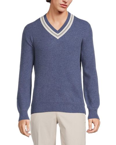 Brunello Cucinelli Ribbed Contrast Trim Cashmere Jumper - Blue