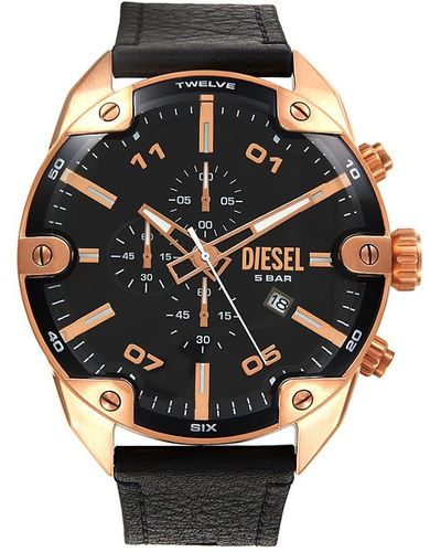 DIESEL Spiked 49mm Stainless Steel & Leather Strap Chronograph Watch - Black