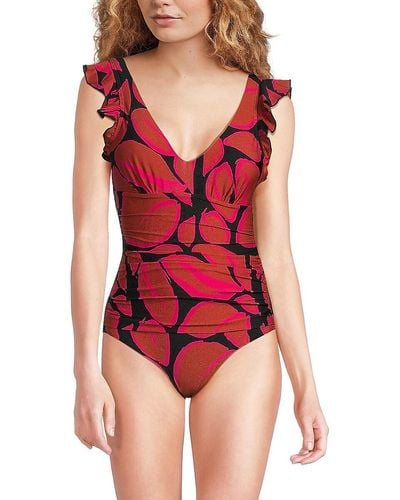 DKNY One-piece Ruched Ruffle Trim Swimsuit - Red