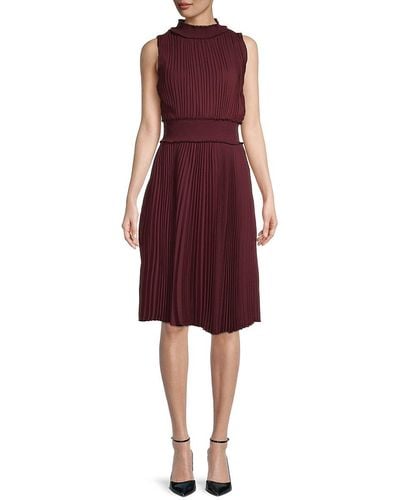 Nanette Lepore V-Neck 3-4 Sleeve Pleated Front Tie Waist A-Line Solid Crepe  Dress-RED RIDING / 14 
