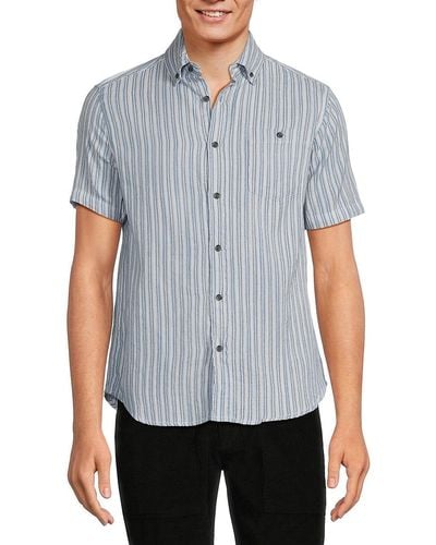 Report Collection Short Sleeve Striped Button Down Shirt - Blue