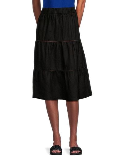 Saks Fifth Avenue Tiered 100% Linen Knee Length Skirt - Black