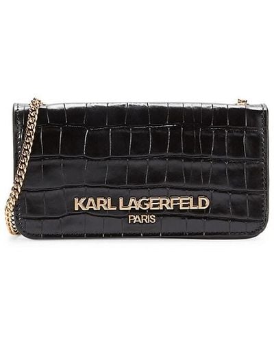 Karl Lagerfeld Lafayette Croc Embossed Leather Shoulder Bag - Black