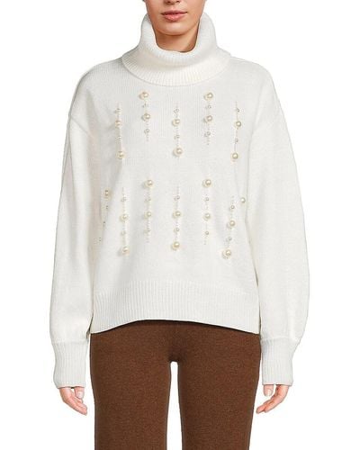 Karl Lagerfeld Faux Pearl Turtleneck Sweater - White