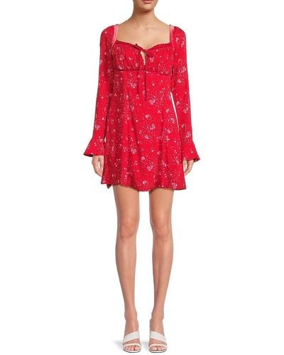 Free People Bell Sleeve Floral Mini Peasant Dress - Red