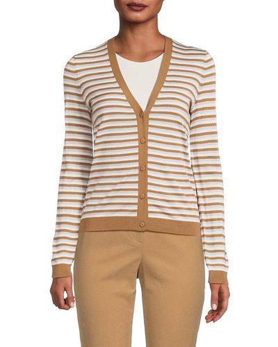 Theory V Neck Stripe Wool Cardigan - Natural