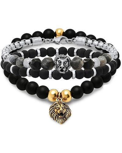 Anthony Jacobs 3 Piece 18K Goldplated Stainless Steel, Lava Beads & Agate Bracelet Set - Black