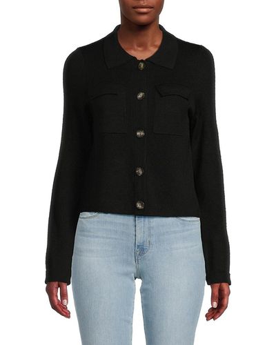 Saks Fifth Avenue Collared Merino Wool Blend Cardigan - Black
