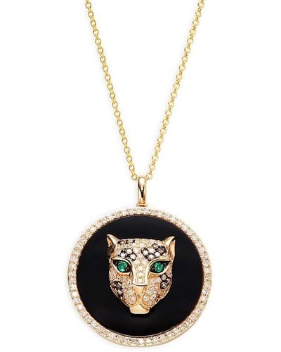 Effy 14k Yellow Gold, Diamond, Emerald & Onyx Panther Pendant Necklace - Green