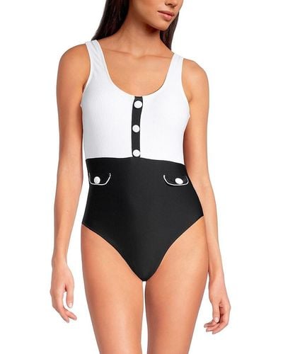 Karl Lagerfeld 'Colorblock Ribbed One-Piece Swimsuit - White