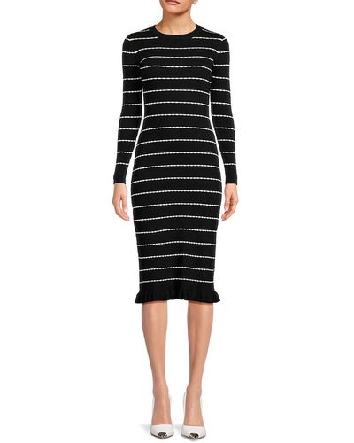 Nanette Lepore Striped Ruffle Sheath Midi Sweater Dress - Black