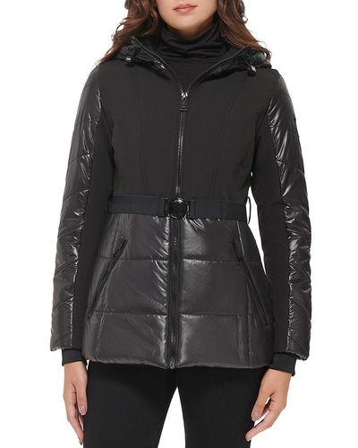 Guess Mixed Media Belted Hooded Puffer Jacket - Black