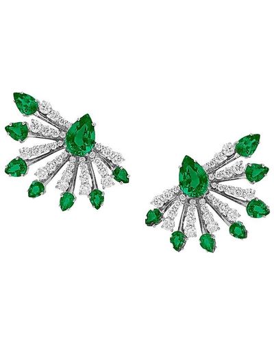 Hueb Botanica 18k White Gold Emerald & Diamond Oversized Stud Earrings - Green