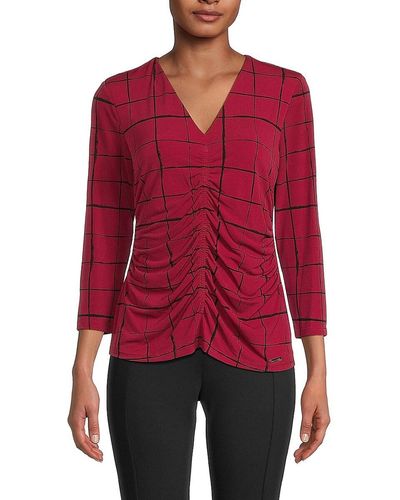 Calvin Klein Ruched 3/4 Sleeve Plaid Top - Red