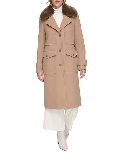 Andrew Marc Olpae Faux Fur Collar Wool Blend Trench Coat - Natural
