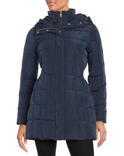 Cole Haan Shirred-waist Hooded Quilted Down Coat - Blue