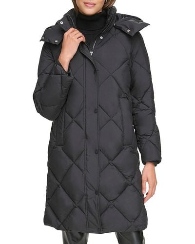 DKNY Diamond Quilted & Hooded Puffer Coat - Black