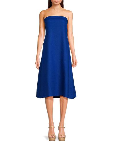 Saks Fifth Avenue Bandeau Neck 100% Linen Knee Length Dress - Blue