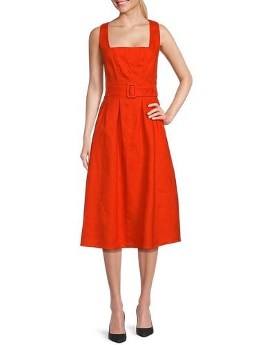 Saks Fifth Avenue Squareneck Belted 100% Linen Midi Dress - Red
