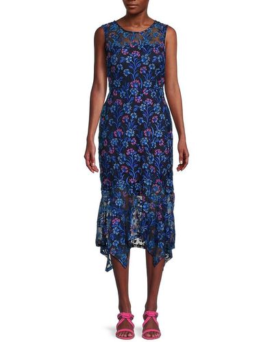Kensie Floral Asymmetrical Midi Dress - Blue