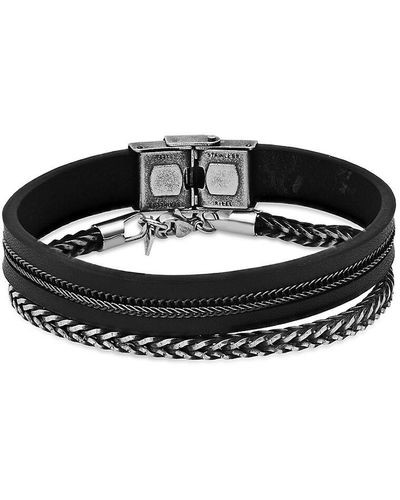 Hickey Freeman 2-piece Stainless Steel & Leather Bracelet Set - Black