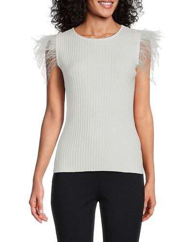 Sioni Feather Trim Ribbed Knit Top - White