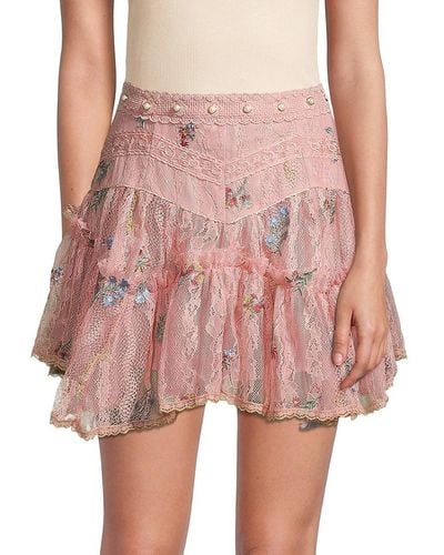 7021 Faux Pearl & Embroidered Lace Mini Skirt - Pink