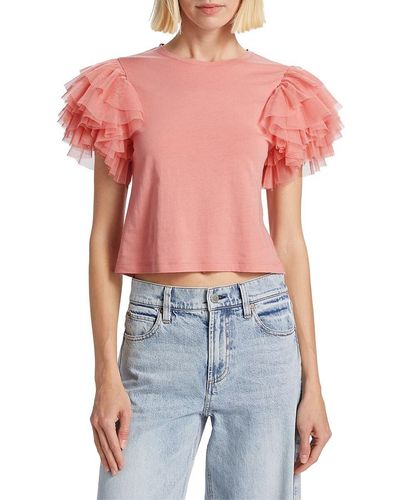 Alice + Olivia Rylyn Tulle Sleeve Crewneck T-shirt In Rose - Blue