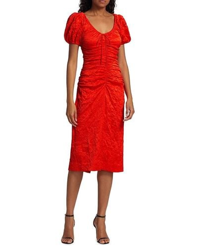 Ganni Ruched Crinkled Satin Midi Dress - Red