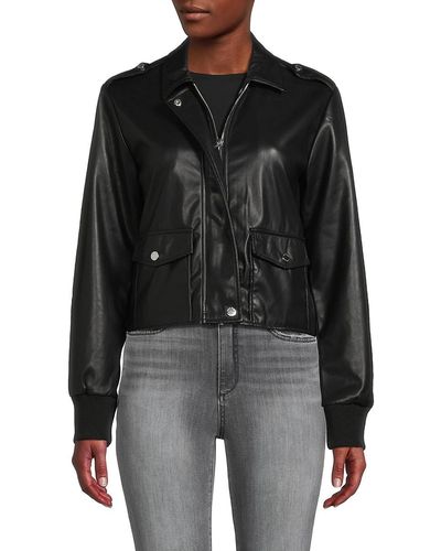 Calvin Klein Faux Leather Cropped Moto Jacket - Black