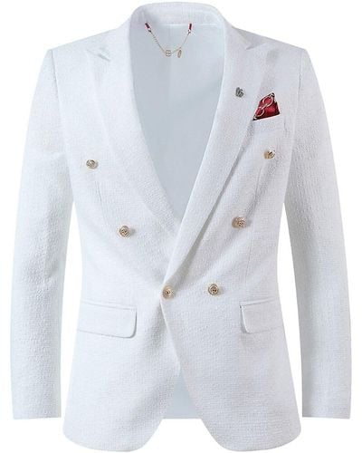 Elie Balleh Slim Fit Double Breasted Tweed Blazer - White