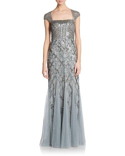 Adrianna Papell Beaded Portrait-collar Gown - Grey