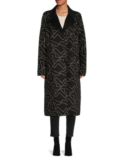 Karl Lagerfeld Logo Print Wool Blend Coat - Black