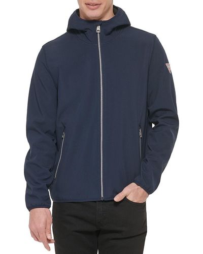 Guess Solid Hooded Zip Up Jacket - Blue