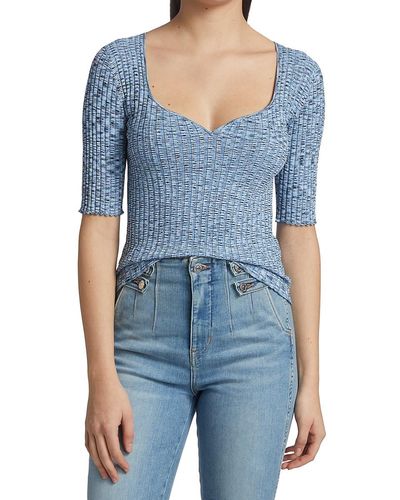 Veronica Beard Lipa Rib Knit Pullover Top - Blue