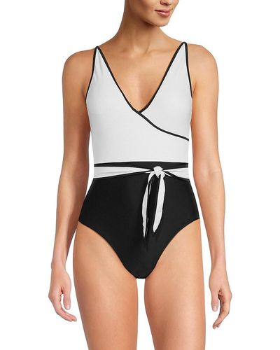 Tommy Hilfiger Colorblock Tie Front One Piece Swimsuit - Blue
