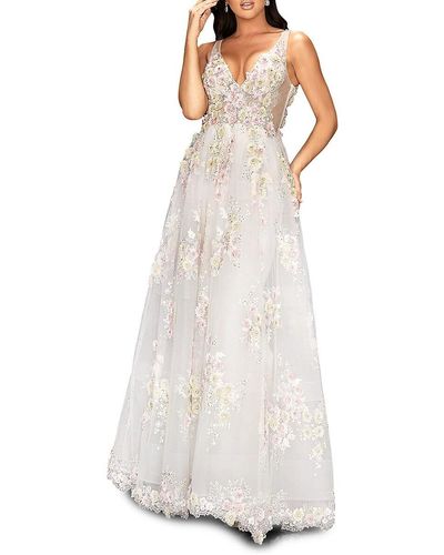 Terani Floral Applique V-Neck Ball Gown - White