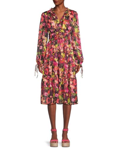 Stellah Abstract Floral Peasant Dress - Red