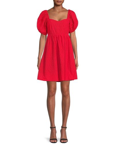 Design History Schiffli Trim Puff Sleeve Mini Dress - Red