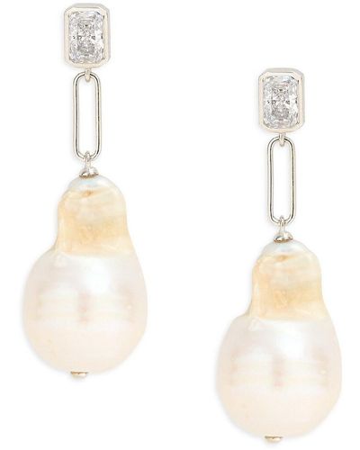 Adriana Orsini Alexandria Rhodium Plated Sterling Silver, 18mm Freshwater Pearl & Cubic Zirconia Drop Earrings - Natural