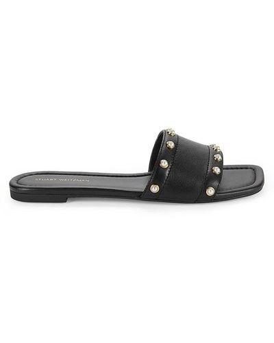 Stuart Weitzman Faux Pearl Leather Flat Sandals - Black