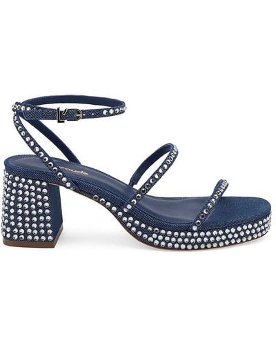 Larroude Gio Crystal Embellished Denim Platform Sandals - Blue